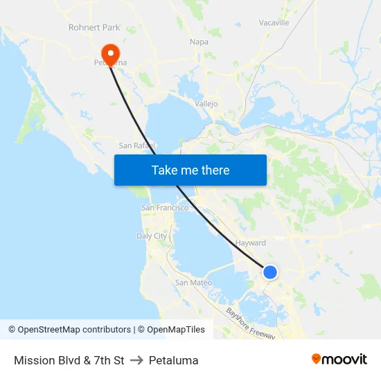Mission Blvd & 7th St to Petaluma map