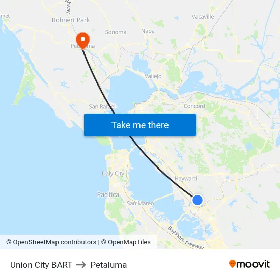 Union City BART to Petaluma map