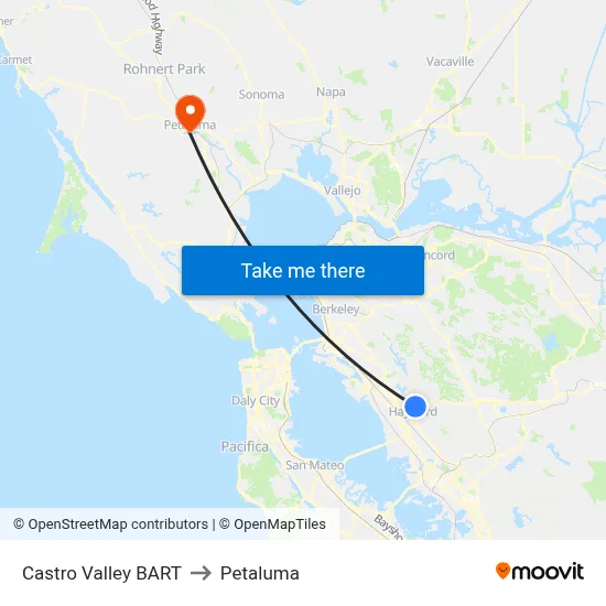 Castro Valley BART to Petaluma map