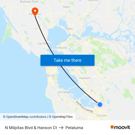 N Milpitas Blvd & Hanson Ct to Petaluma map