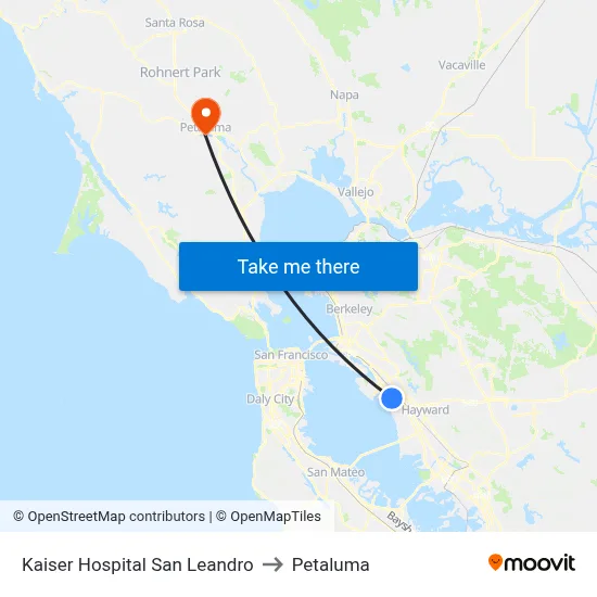 Kaiser Hospital San Leandro to Petaluma map