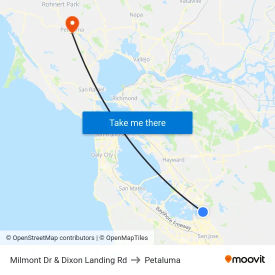 Milmont Dr & Dixon Landing Rd to Petaluma map