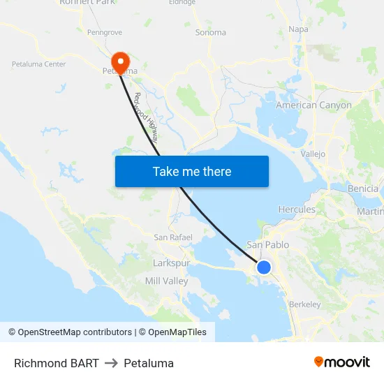 Richmond BART to Petaluma map