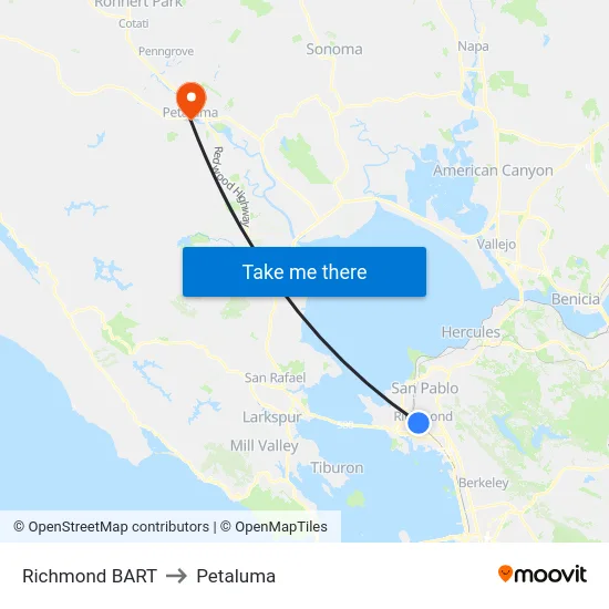Richmond BART to Petaluma map