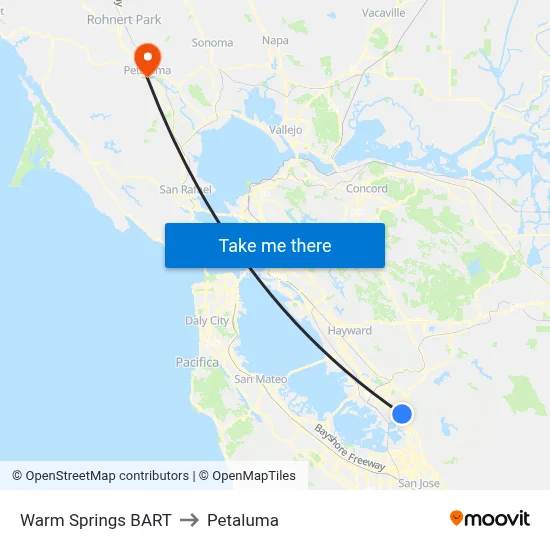 Warm Springs BART to Petaluma map