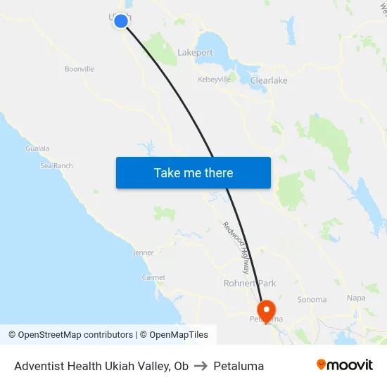 Adventist Health Ukiah Valley, Ob to Petaluma map