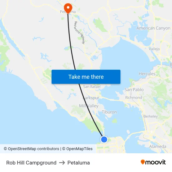 Rob Hill Campground to Petaluma map