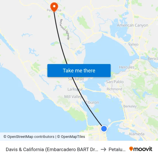 Davis & California (Embarcadero BART Drop Off) to Petaluma map