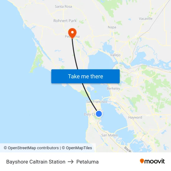 Bayshore Caltrain Station to Petaluma map