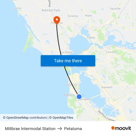 Millbrae Intermodal Station to Petaluma map