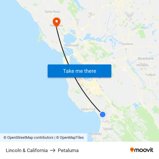 Lincoln & California to Petaluma map