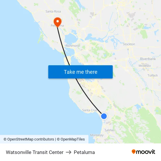 Watsonville Transit Center to Petaluma map