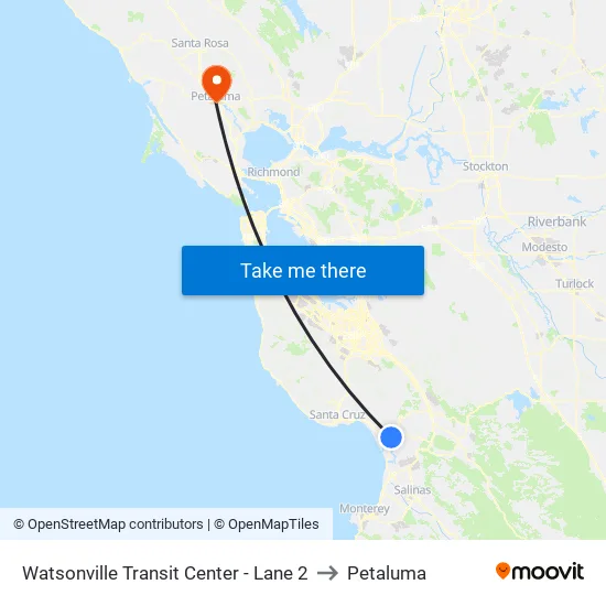 Watsonville Transit Center - Lane 2 to Petaluma map