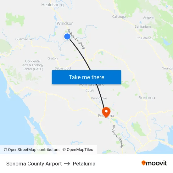 Sonoma County Airport to Petaluma map