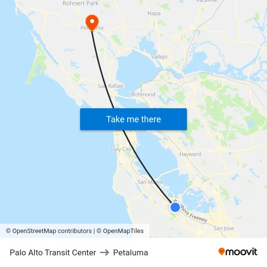 Palo Alto Transit Center to Petaluma map