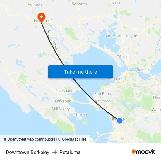 Downtown Berkeley to Petaluma map
