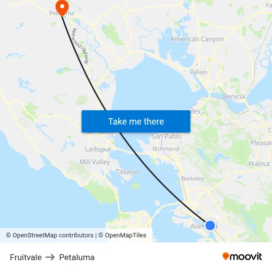 Fruitvale to Petaluma map