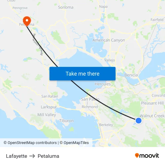 Lafayette to Petaluma map