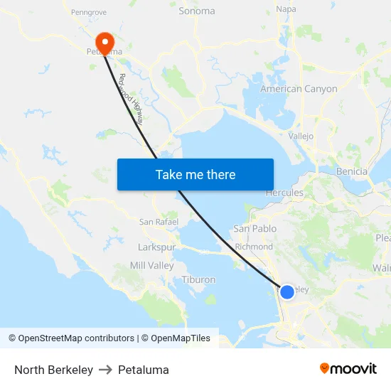 North Berkeley to Petaluma map