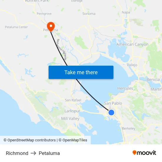 Richmond to Petaluma map