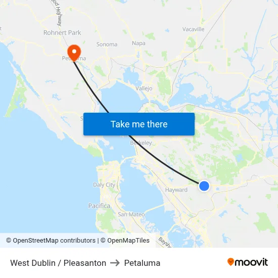 West Dublin / Pleasanton to Petaluma map