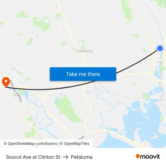 Soscol Ave at Clinton St to Petaluma map