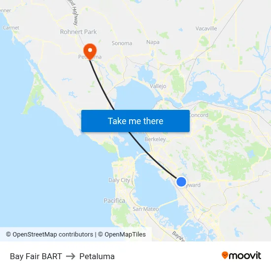 Bay Fair BART to Petaluma map