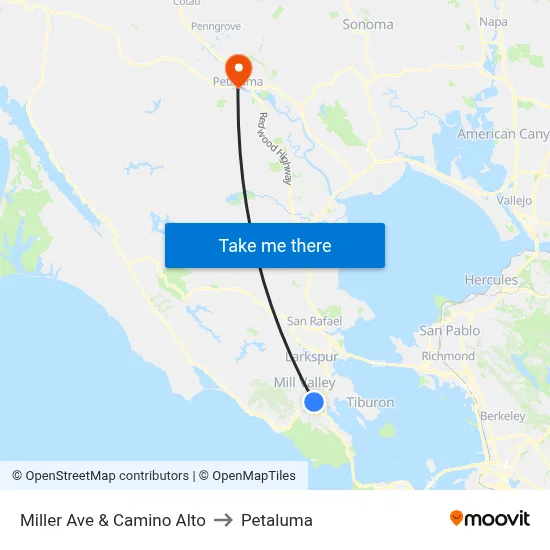 Miller Ave & Camino Alto to Petaluma map