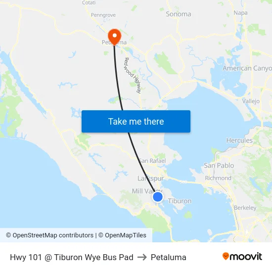 Hwy 101 @ Tiburon Wye Bus Pad to Petaluma map
