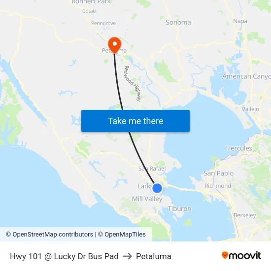 Hwy 101 @ Lucky Dr Bus Pad to Petaluma map