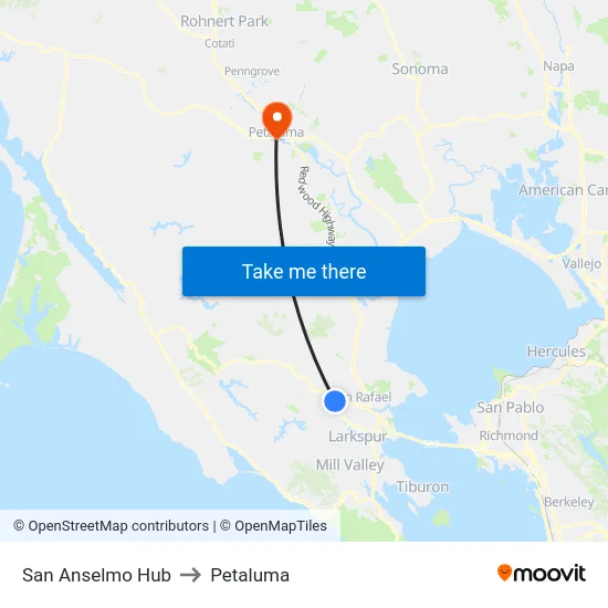 San Anselmo Hub to Petaluma map
