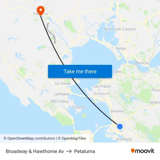 Broadway & Hawthorne Av to Petaluma map