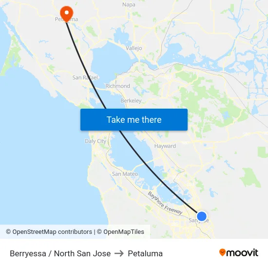 Berryessa / North San Jose to Petaluma map