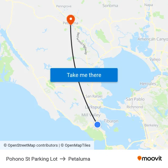 Pohono St Parking Lot to Petaluma map