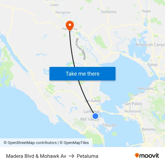 Madera Blvd & Mohawk Av to Petaluma map