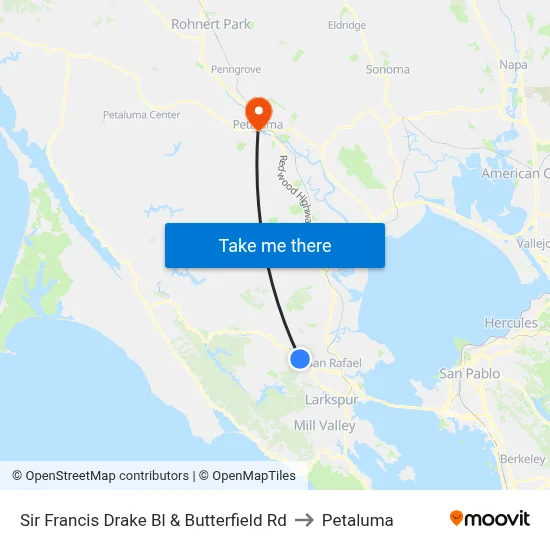 Sir Francis Drake Bl & Butterfield Rd to Petaluma map