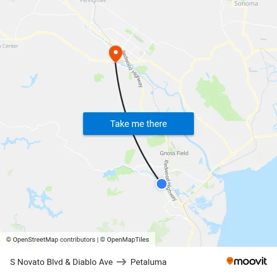 S Novato Blvd & Diablo Ave to Petaluma map