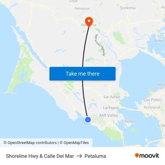 Shoreline Hwy & Calle Del Mar to Petaluma map