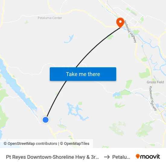 Pt Reyes Downtown-Shoreline Hwy & 3rd St to Petaluma map