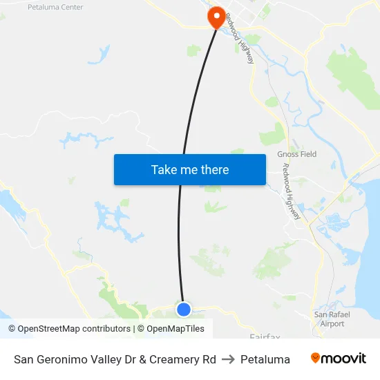 San Geronimo Valley Dr & Creamery Rd to Petaluma map