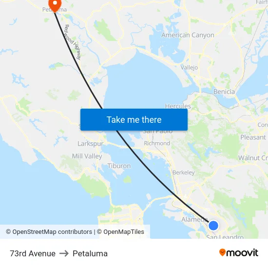 73rd Avenue to Petaluma map