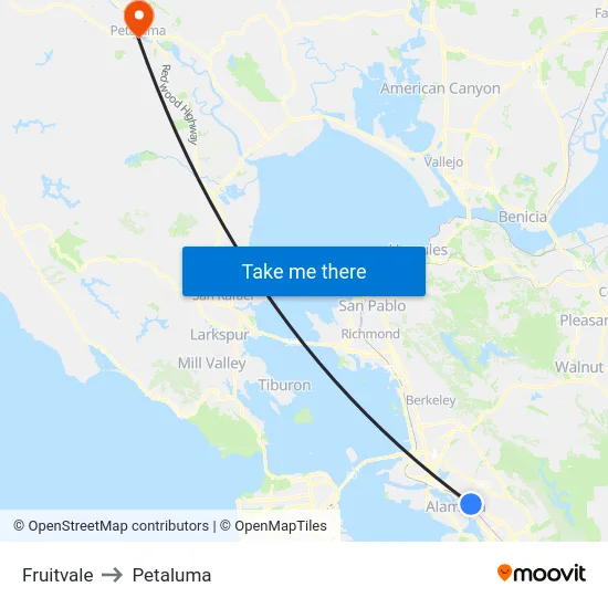 Fruitvale to Petaluma map