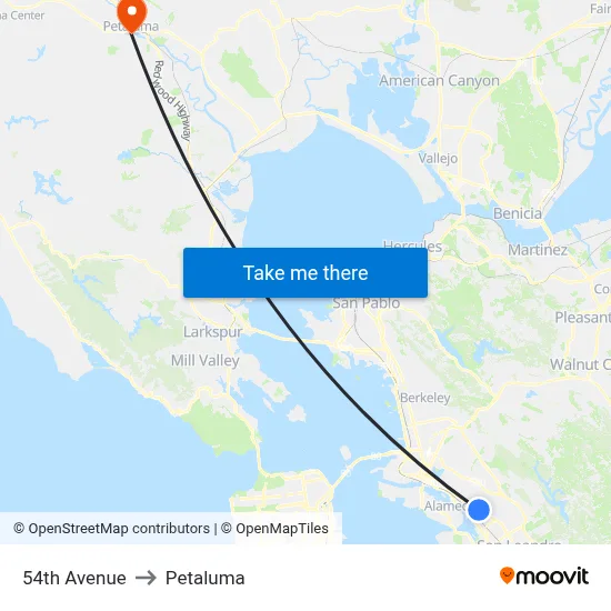 54th Avenue to Petaluma map