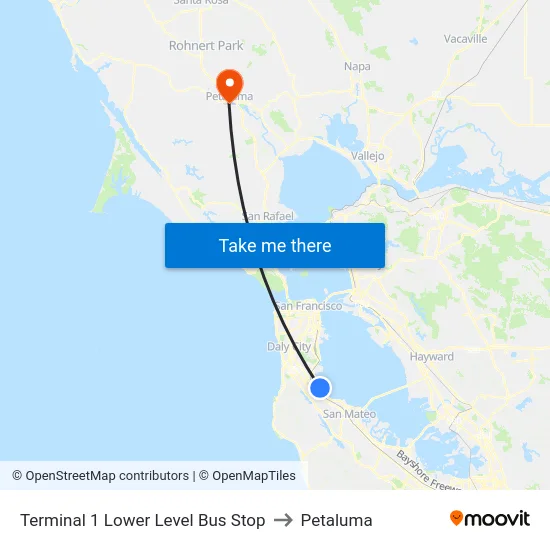 Terminal 1 Lower Level Bus Stop to Petaluma map