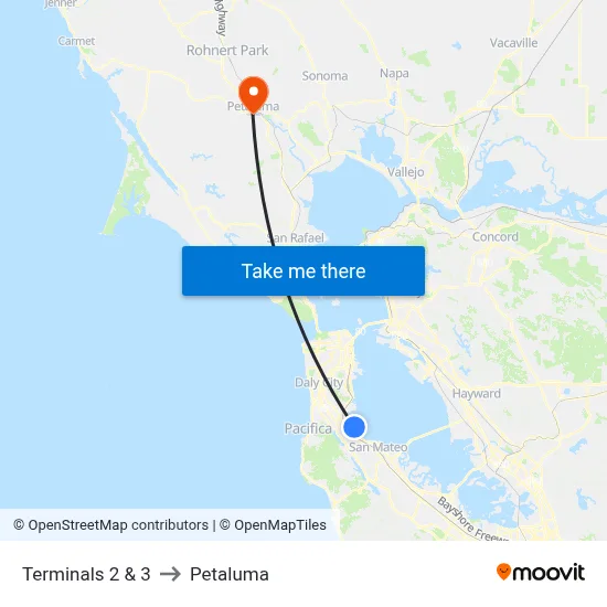 Terminals 2 & 3 to Petaluma map