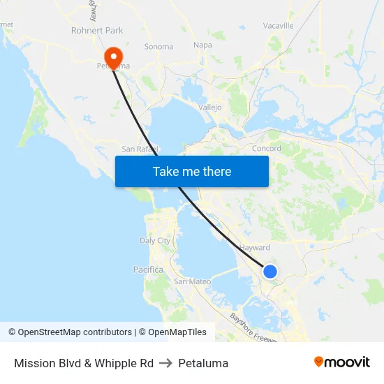 Mission Blvd & Whipple Rd to Petaluma map