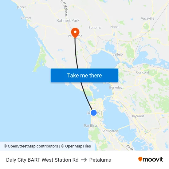 Daly City BART West Station Rd to Petaluma map