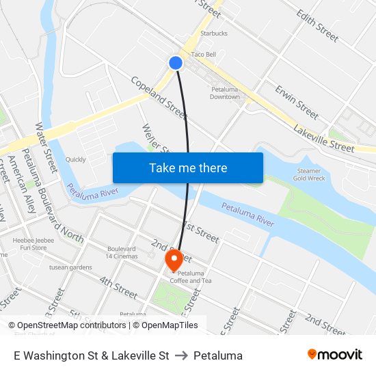 E Washington St & Lakeville St to Petaluma map