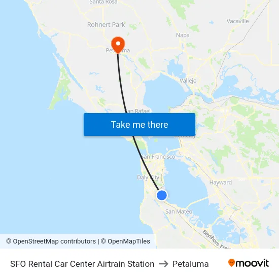 SFO Rental Car Center Airtrain Station to Petaluma map