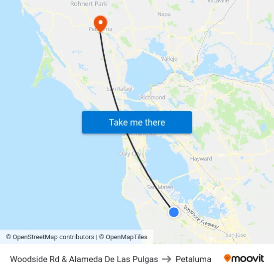 Woodside Rd & Alameda De Las Pulgas to Petaluma map